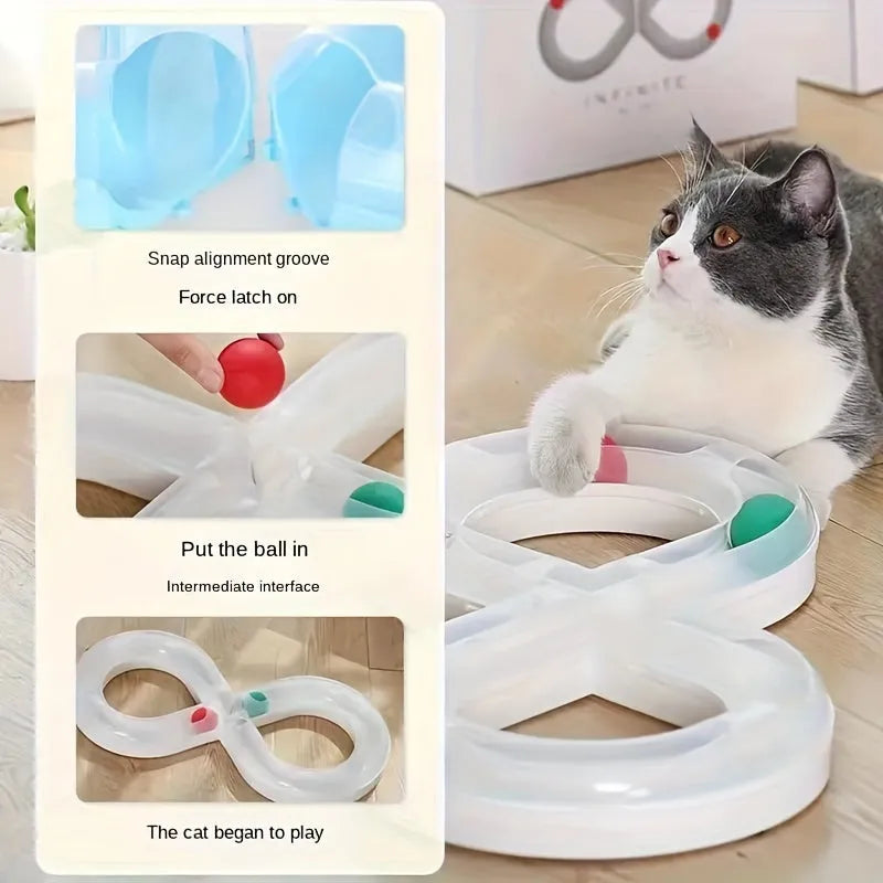 Blue and white plastic cat toy set with turntable track, tease sticks, and balls on a 50cm base