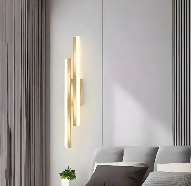 500mm long double line wall lamp with gold finish showing three light colour options