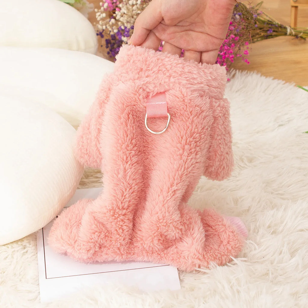 Four-legged dog clothes with double-sided plush fabric, high collar and towing ring in khaki colour