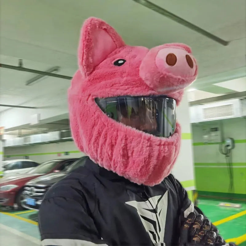 Pink pig cartoon plush hood cover for a motorcycle helmet made from pv velvet cloth.
