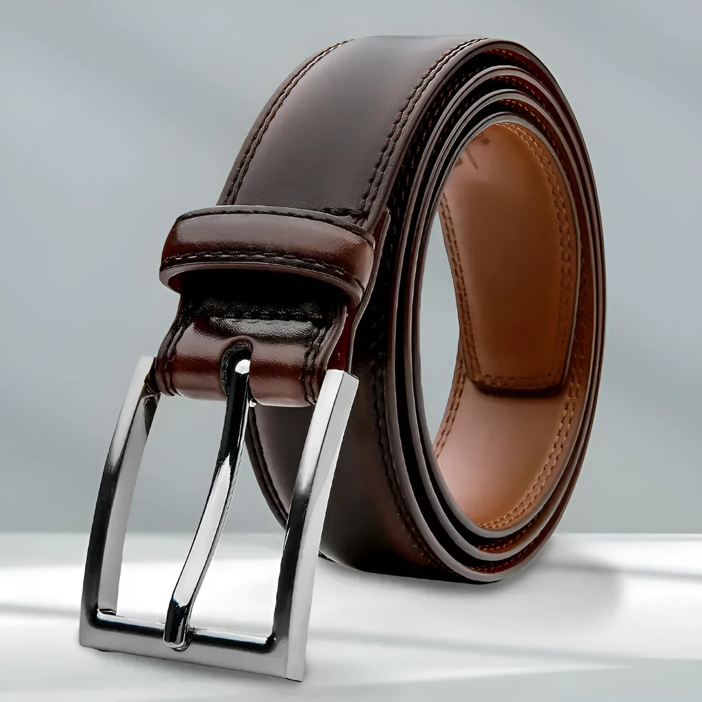 Men's brown genuine leather casual belt with Wild 95 grain texture and a silver alloy buckle.