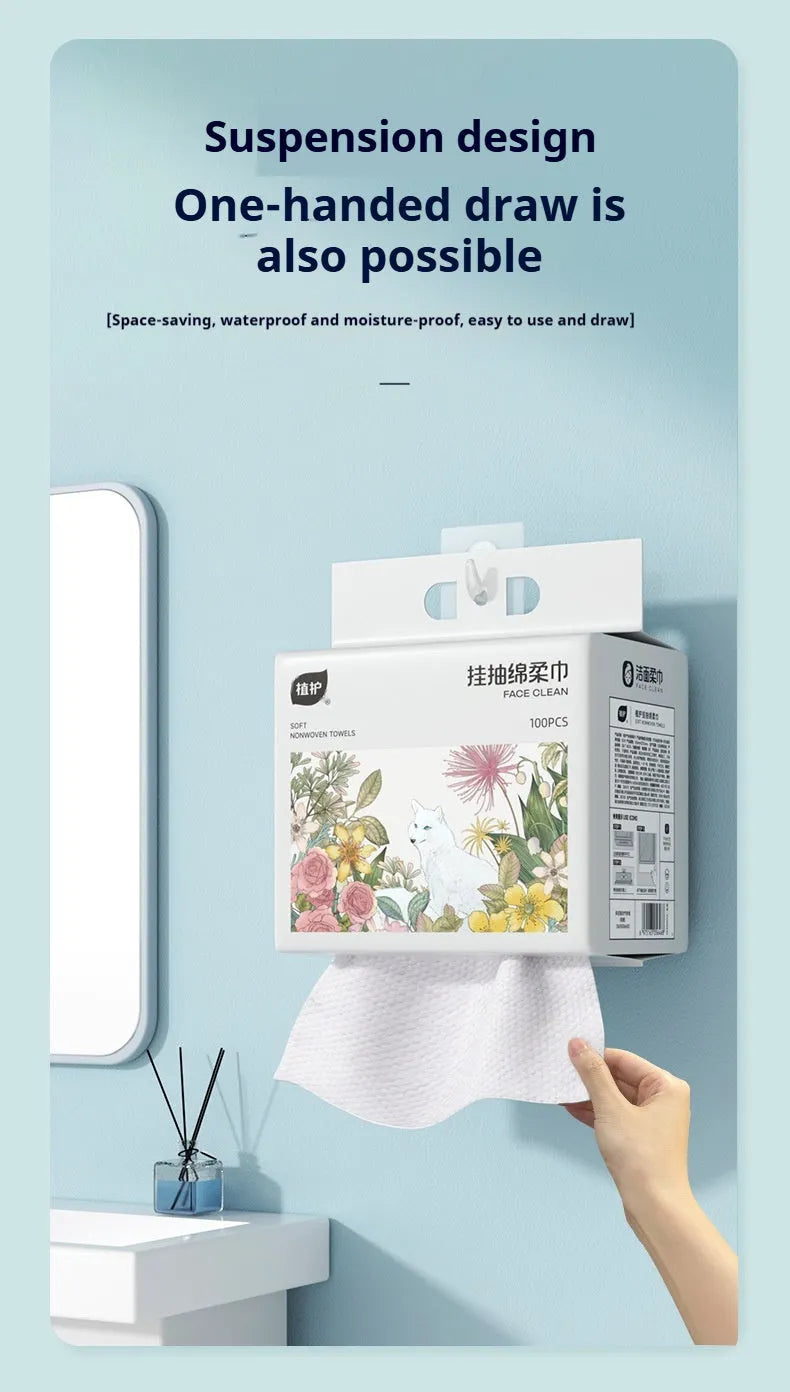 Disposable face cloth roll with 100 sheets, hanging removable design, thickening viscose polyester blend material