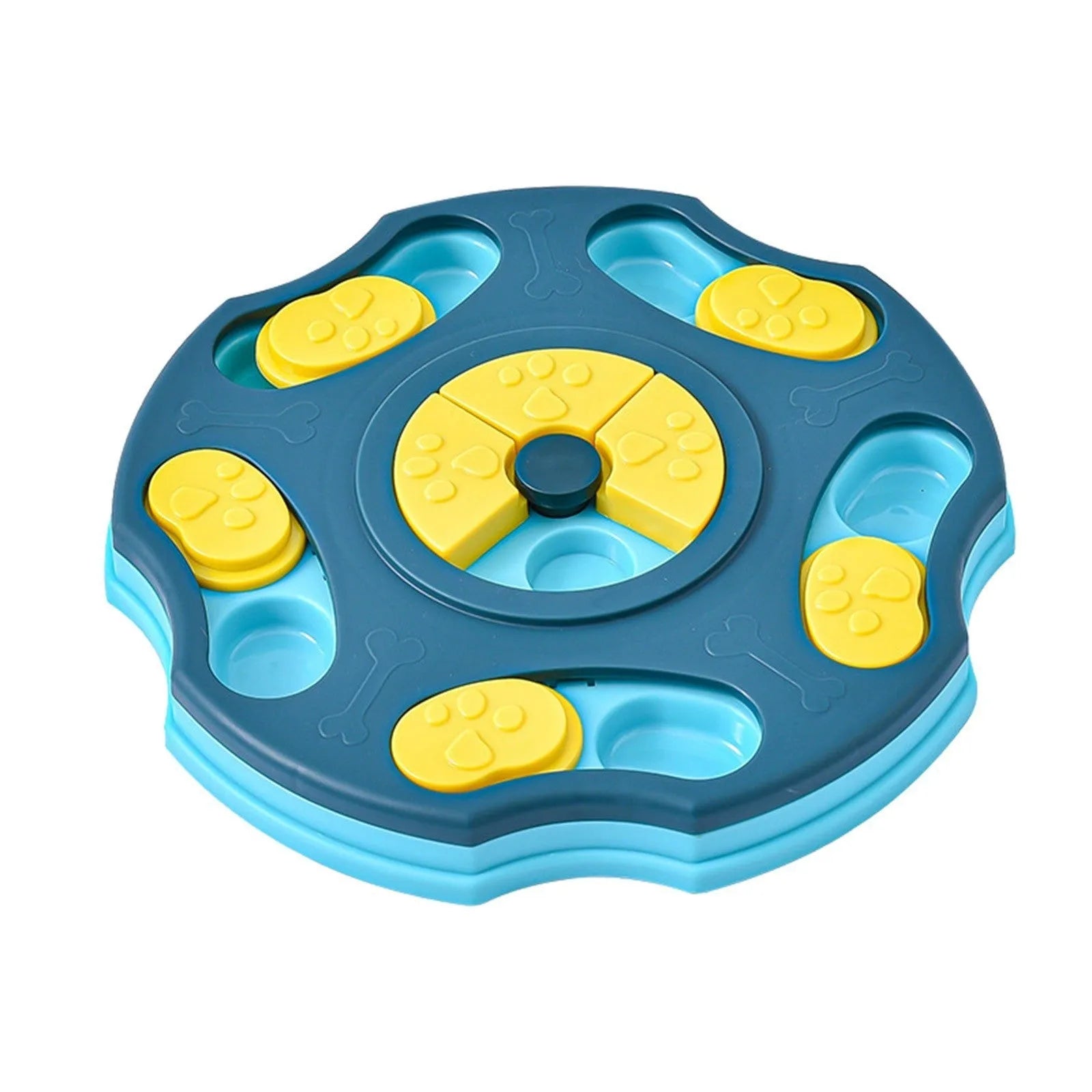 Blue and pink dog puzzle toy bowl for interactive feeding games and aggressive chewers