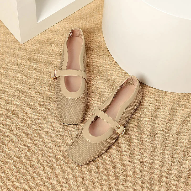 Women's beige mesh breathable pumps with a buckle fastening and square toe.