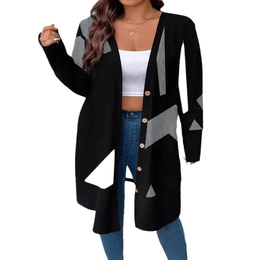Black plus size knitwear cardigan with button stitching and printing design