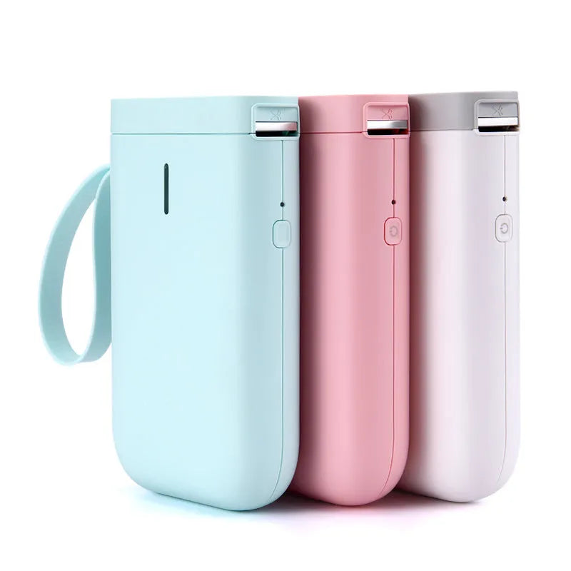D11 Bluetooth thermal label printer in black, white, pink, green, or bundle colours, shown with smartphone running the label design app.