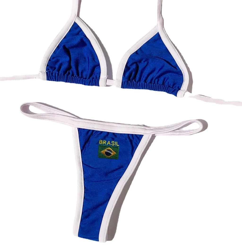 Yellow women's slim fit bikini set with T-back bra and short-length bottoms on a white background.