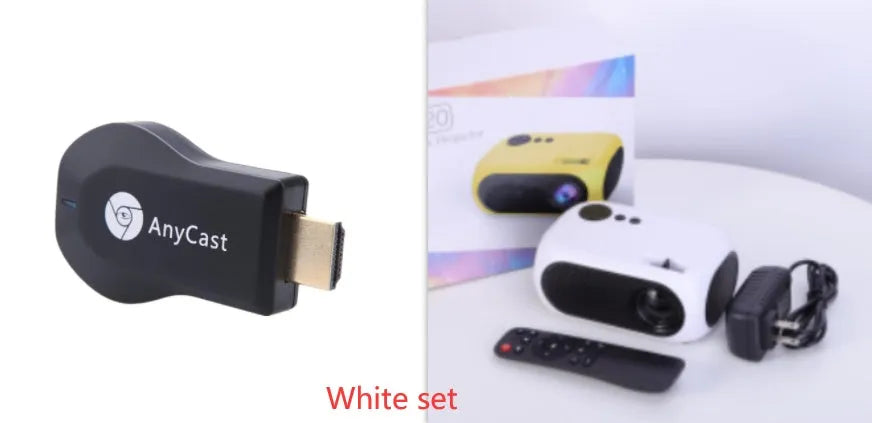M24 gold micro mini projector with power adapter and AV cable on white background