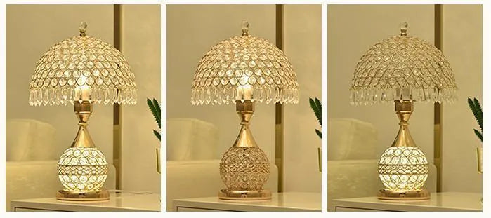 Gold crystal desk lamp with iron art base on wooden bedside table