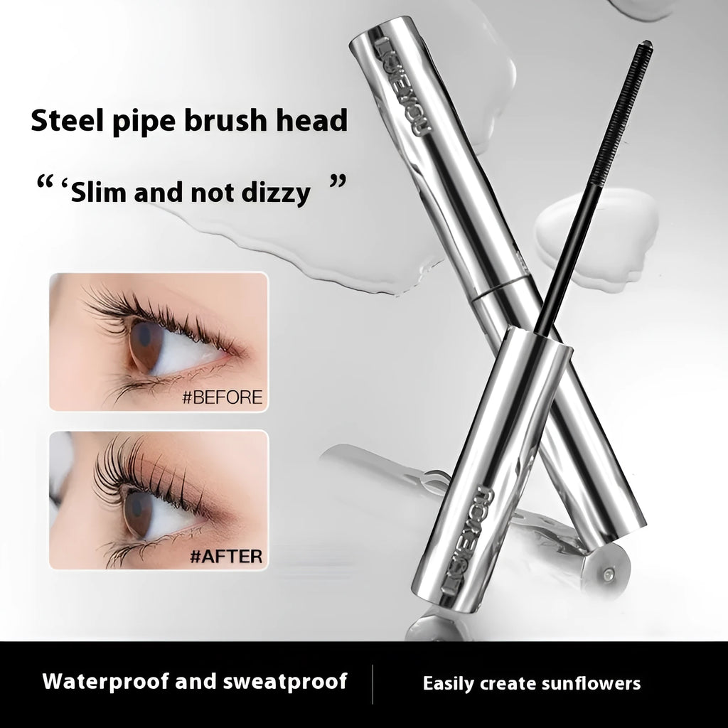 Waterproof mascara with steel tube and brush, shown in black and brown colour options, some sets include an eyelash curler.