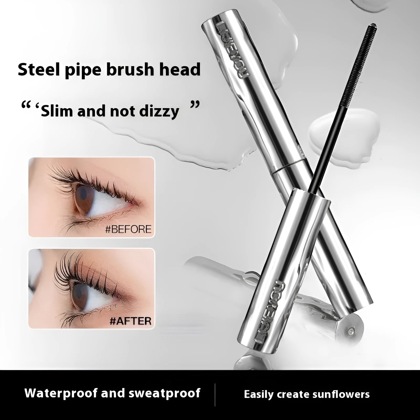 Waterproof mascara with steel tube and brush, shown in black and brown colour options, some sets include an eyelash curler.