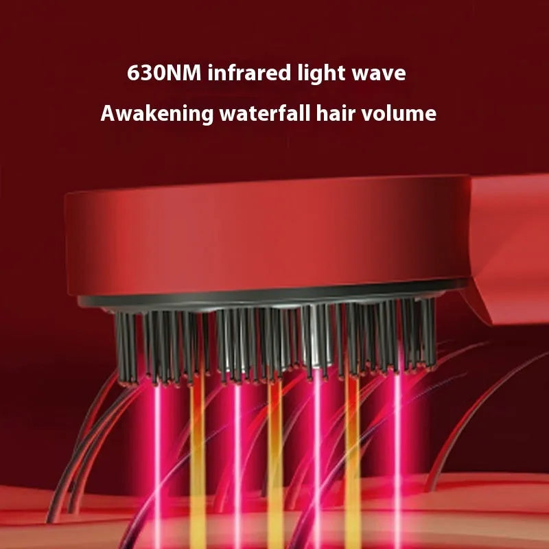 A black or red plastic comb with red and blue lights on a white background.