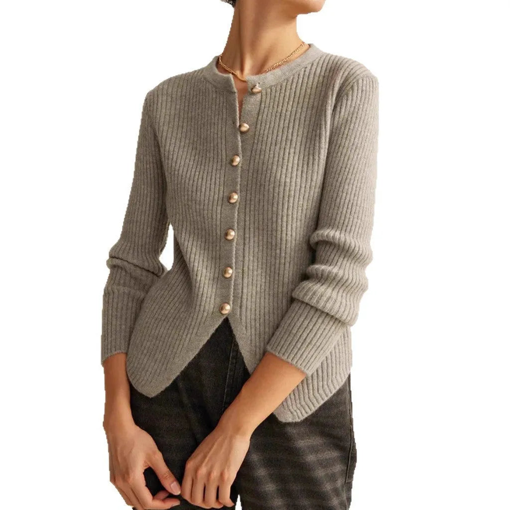 Yuan collar loose fit cardigan sweater in silver and red colours.