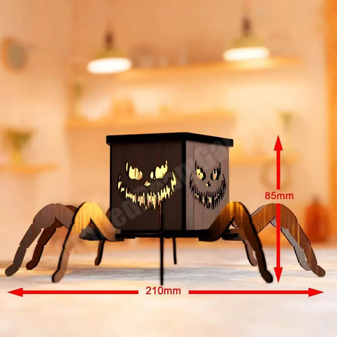 Wooden Halloween lantern candlestick with ghost spider design measuring 21cm tall