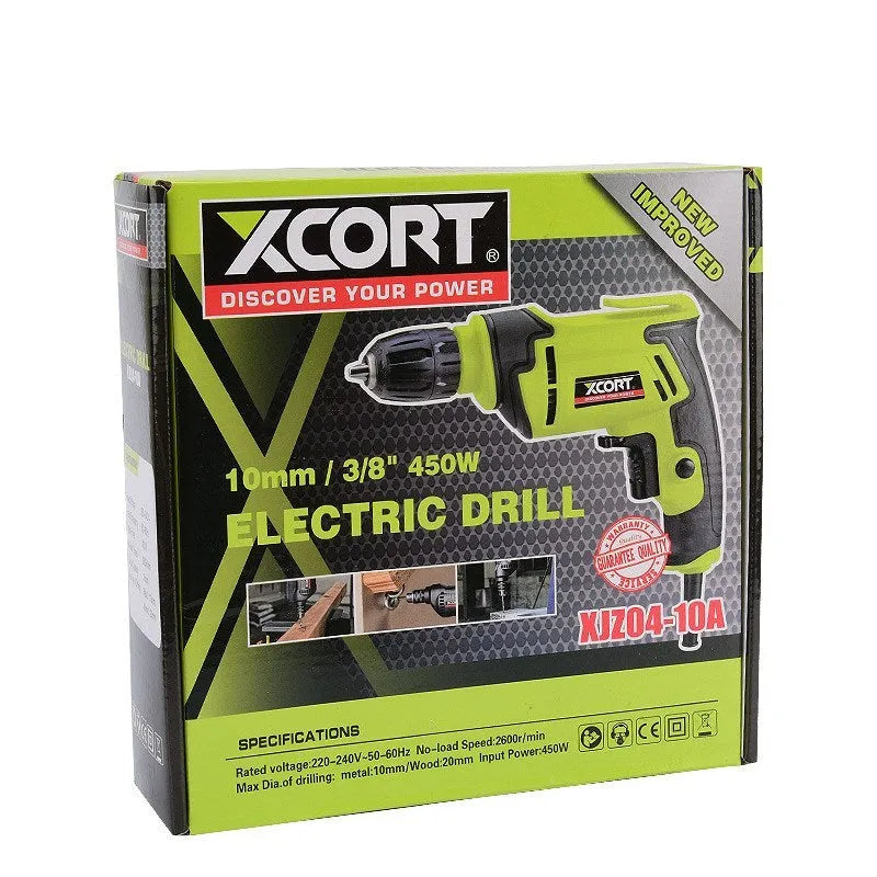 Pistol-grip style 450W electric power drill with variable speed control on a workbench.