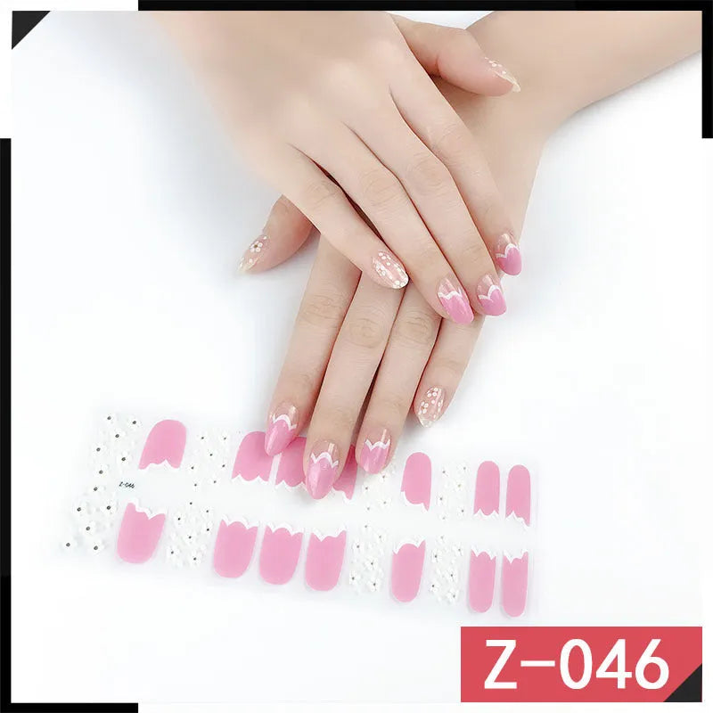Korean nail art sticker sheets showing cartoon, floral, strawberry and bow designs with a nail file.