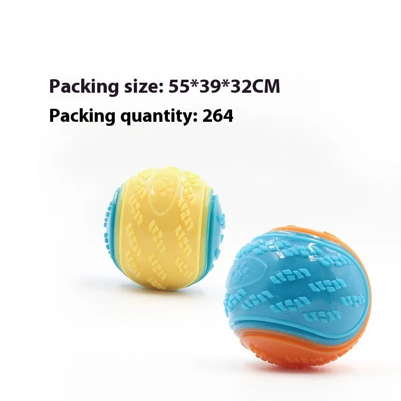 TPR dog chew ball in blue and orange colours showing textured surface and 6.5cm size