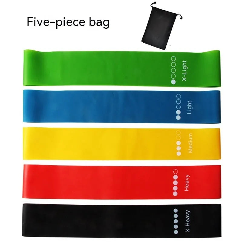 Set of five yoga tension straps in various colours including green, blue, yellow, red, and black options
