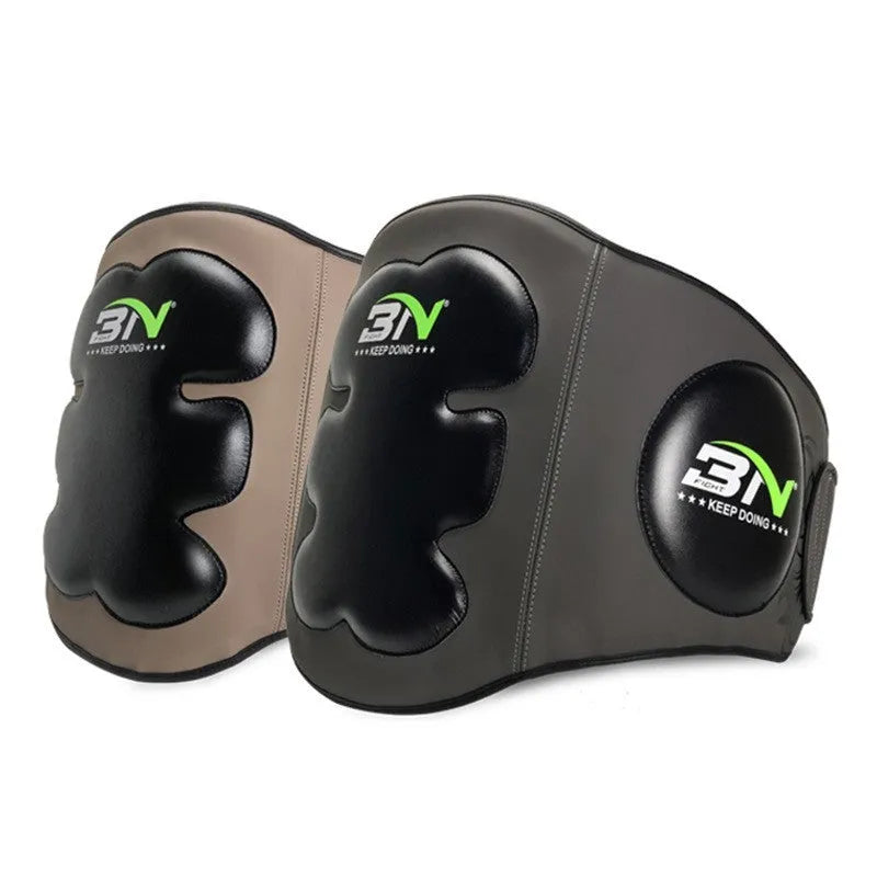 Dark gray Sanda boxing breast protection target with integrated waist guard for martial arts training.