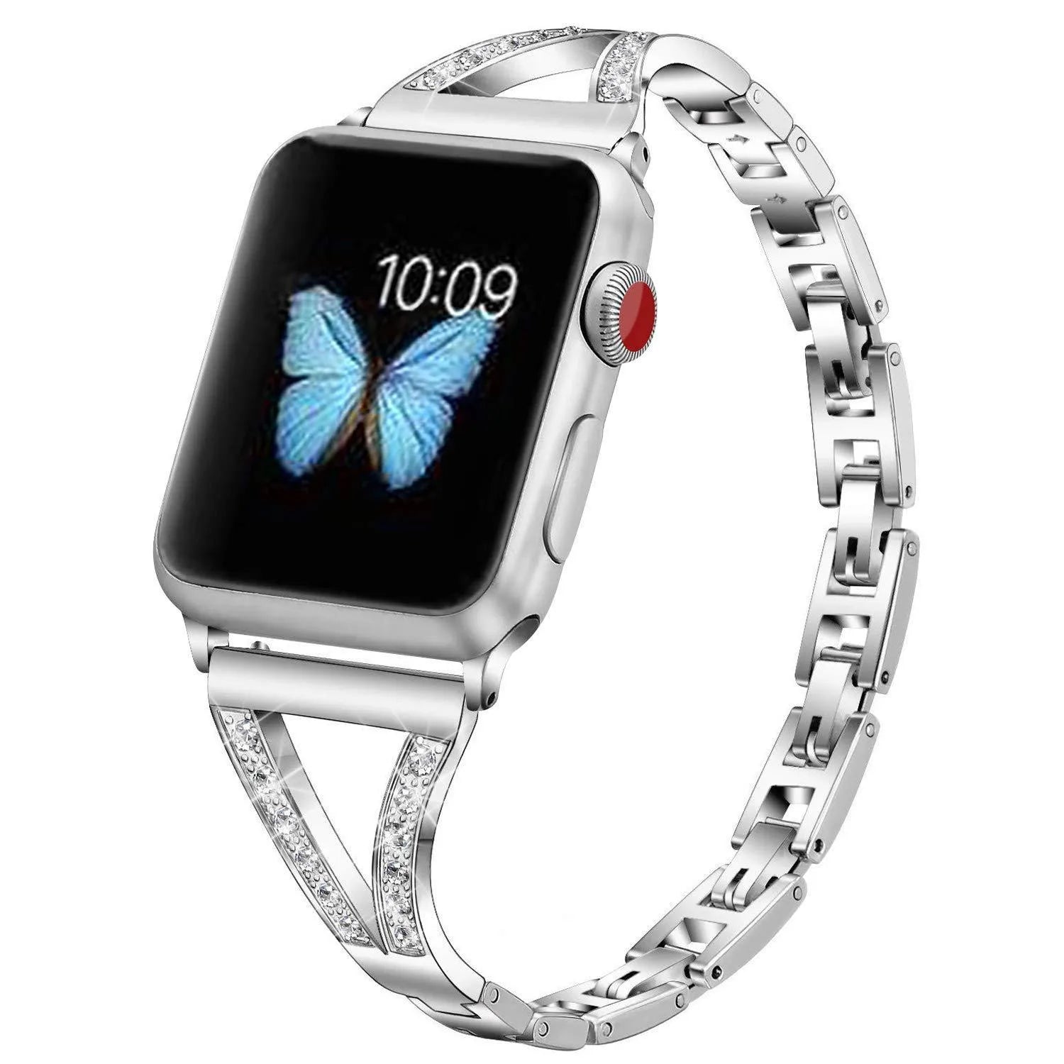 Zinc alloy herringbone pattern smart watch strap with diamond accents for Apple Watch, shown in a silver finish.