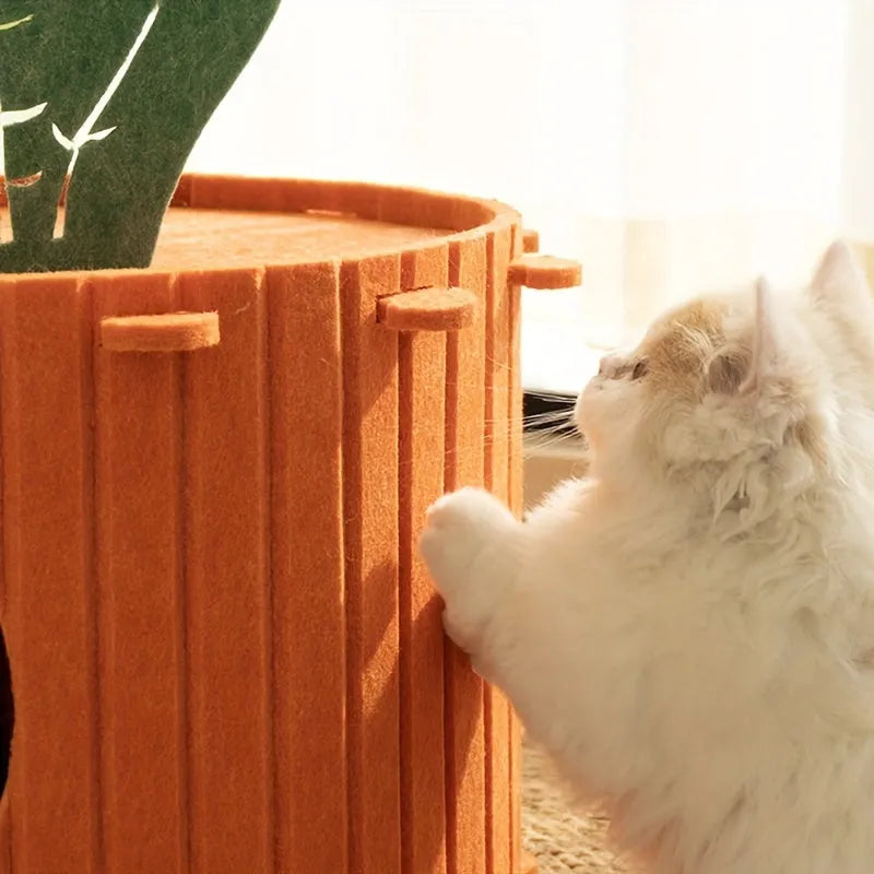 Grey wool felt cat tunnel with semi-enclosed roof and round drilled holes