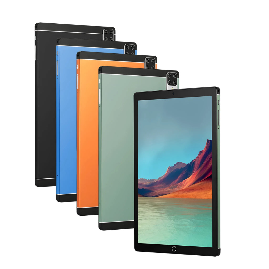 Android 15 tablet with 11.6-inch IPS screen showing interface in black, blue, green, or orange colour options