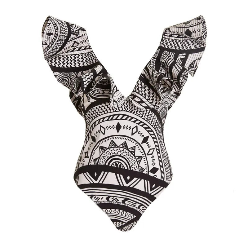 Women's vintage print deep V-neck swimsuit with ruffle detail and matching wrap skirt
