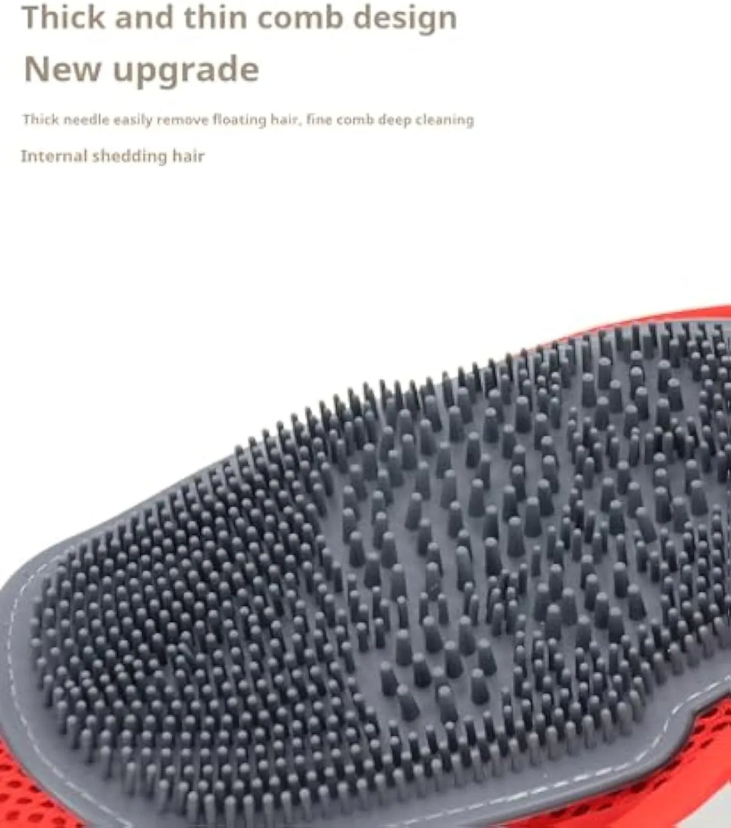 Red pet bathing and grooming glove with integrated brush surface for hair removal and massage
