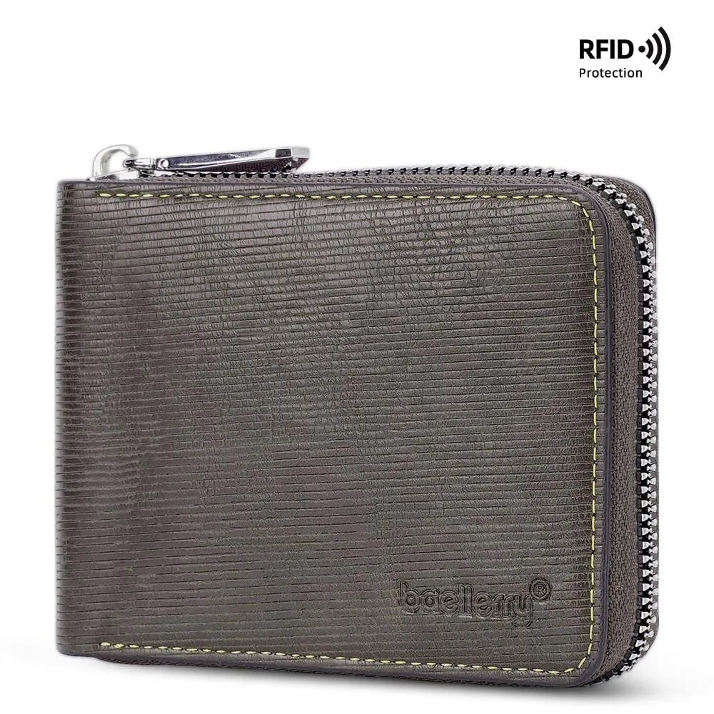 Black PU leather credit card wallet with a silver zipper and embossed texture.