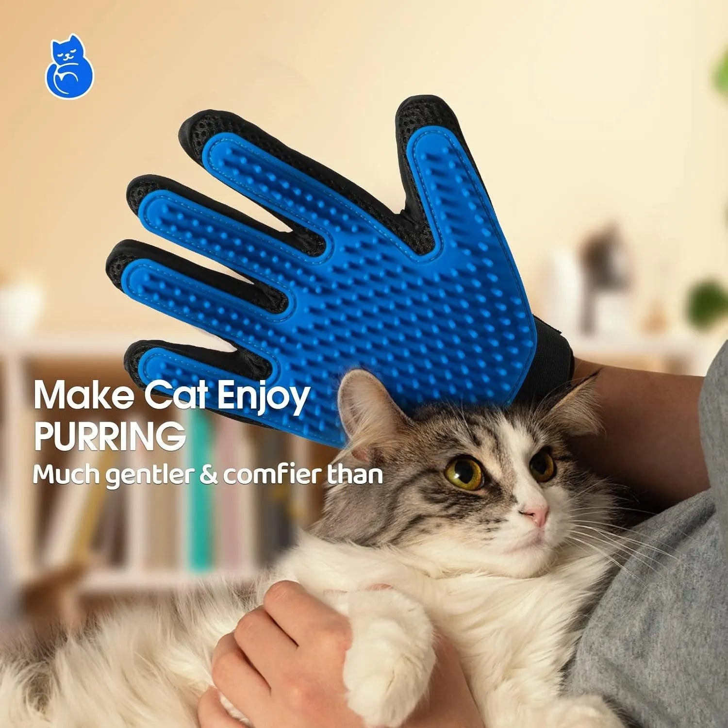 Blue pet grooming gloves with silicone tips for dog cat horse hair removal