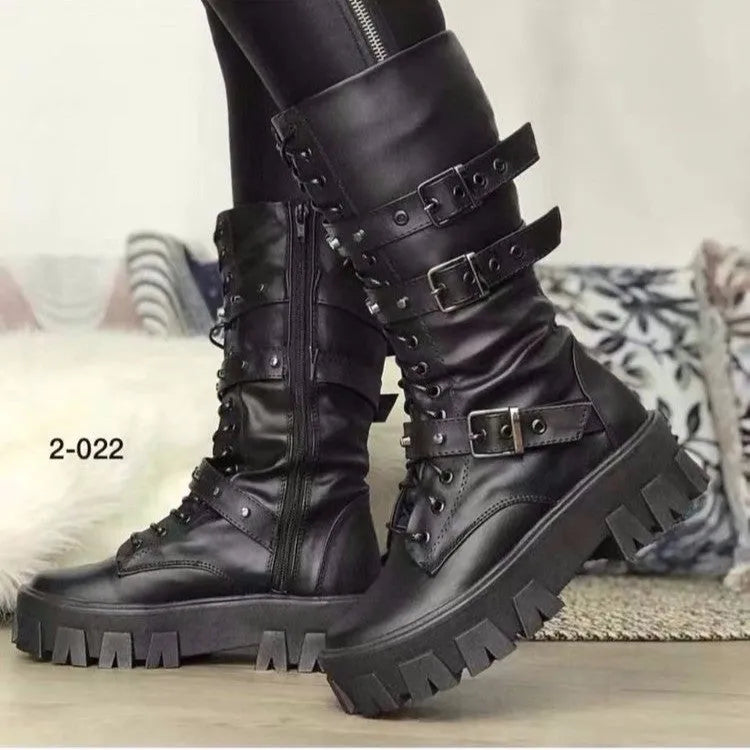 Women's black mid-calf buckle knight boots with side zip on a white background