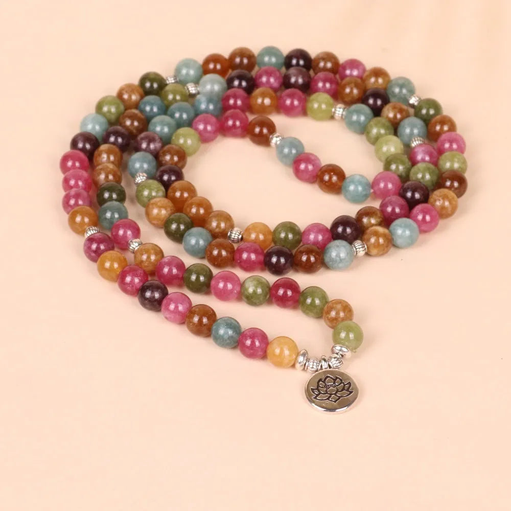 108-bead multi-layer bracelet with lotus hanging element in tourmaline colour alloy construction