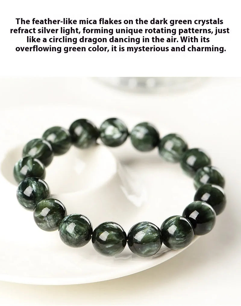 Natural Green Dragon Crystal bracelet with 8-9mm round beads and Ruyi geometric design elements