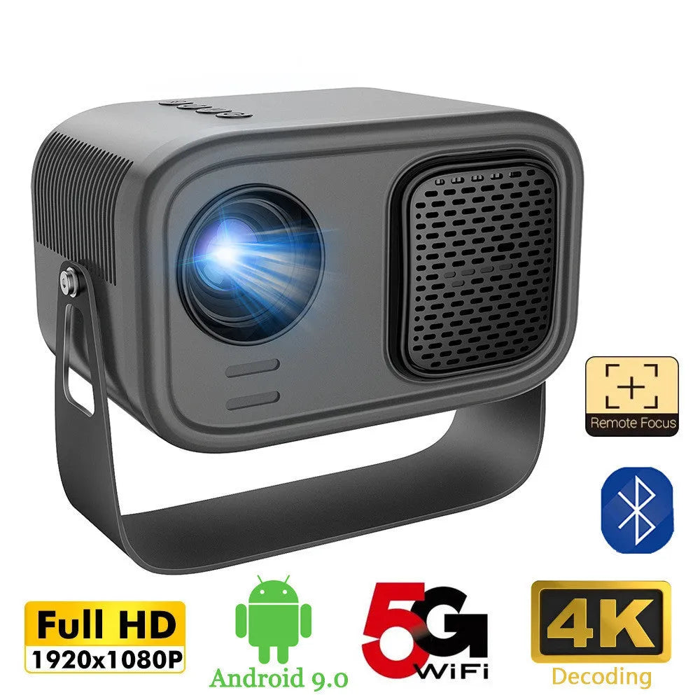 Black smart portable projector with HD 1280×720 resolution and included remote control