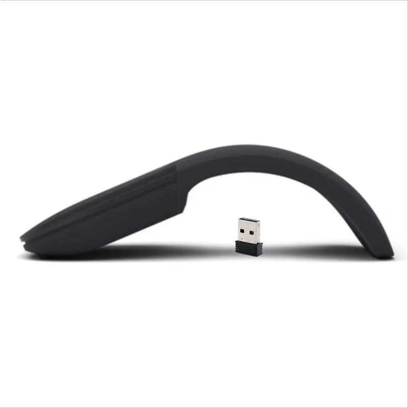Black folding Bluetooth wireless mouse showing touch scroll area and compact folded size