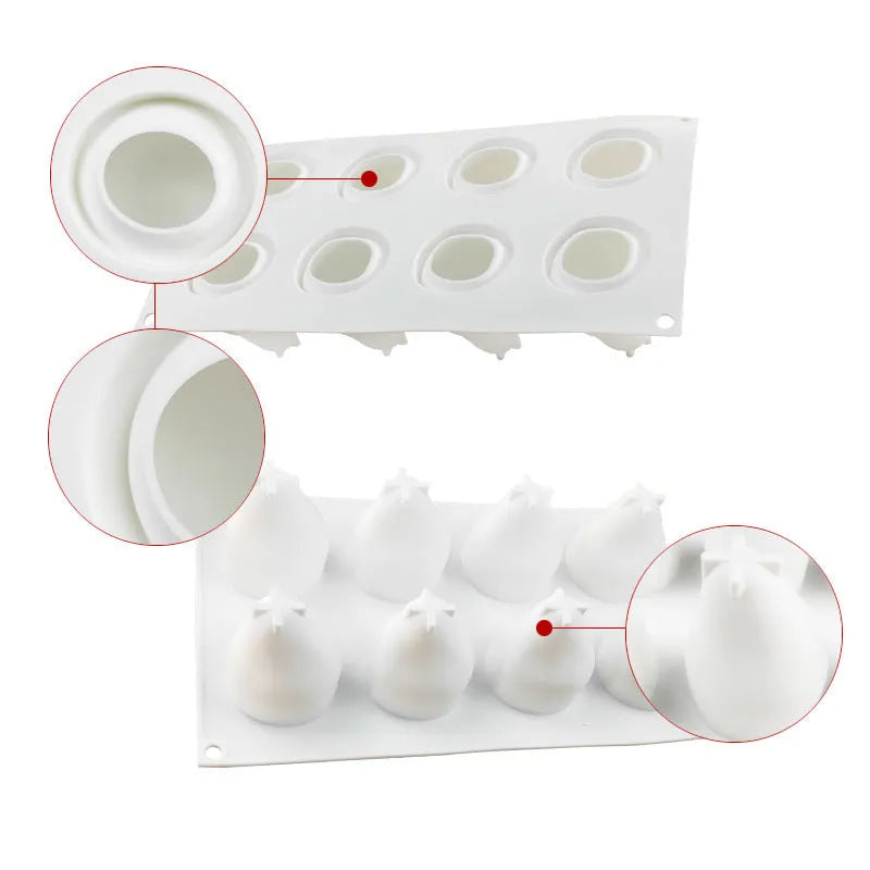Silicone baking mould with six pineapple and pine cone shapes for making decorative desserts.