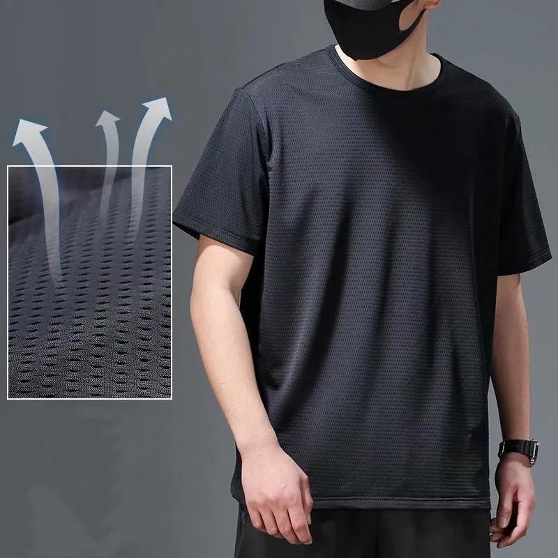 Men's loose round neck short sleeve T-shirt in white or black, 100% polyester thin summer top, sizes M to 5XL.