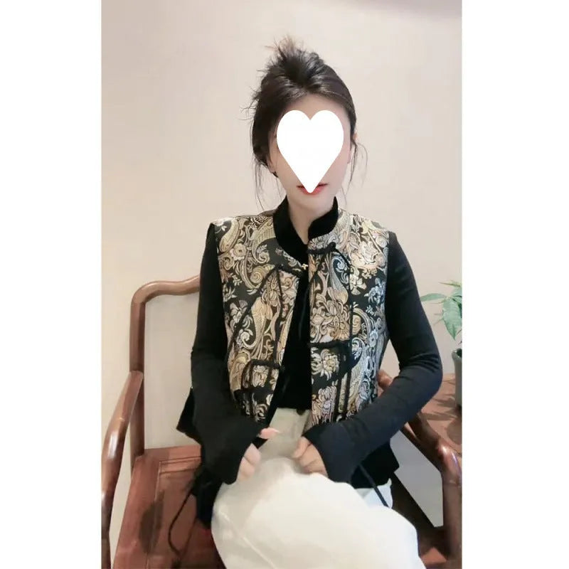 Retro Tang Suit style vest with plant and flower pattern, button cardigan front, 50cm length, picture colour