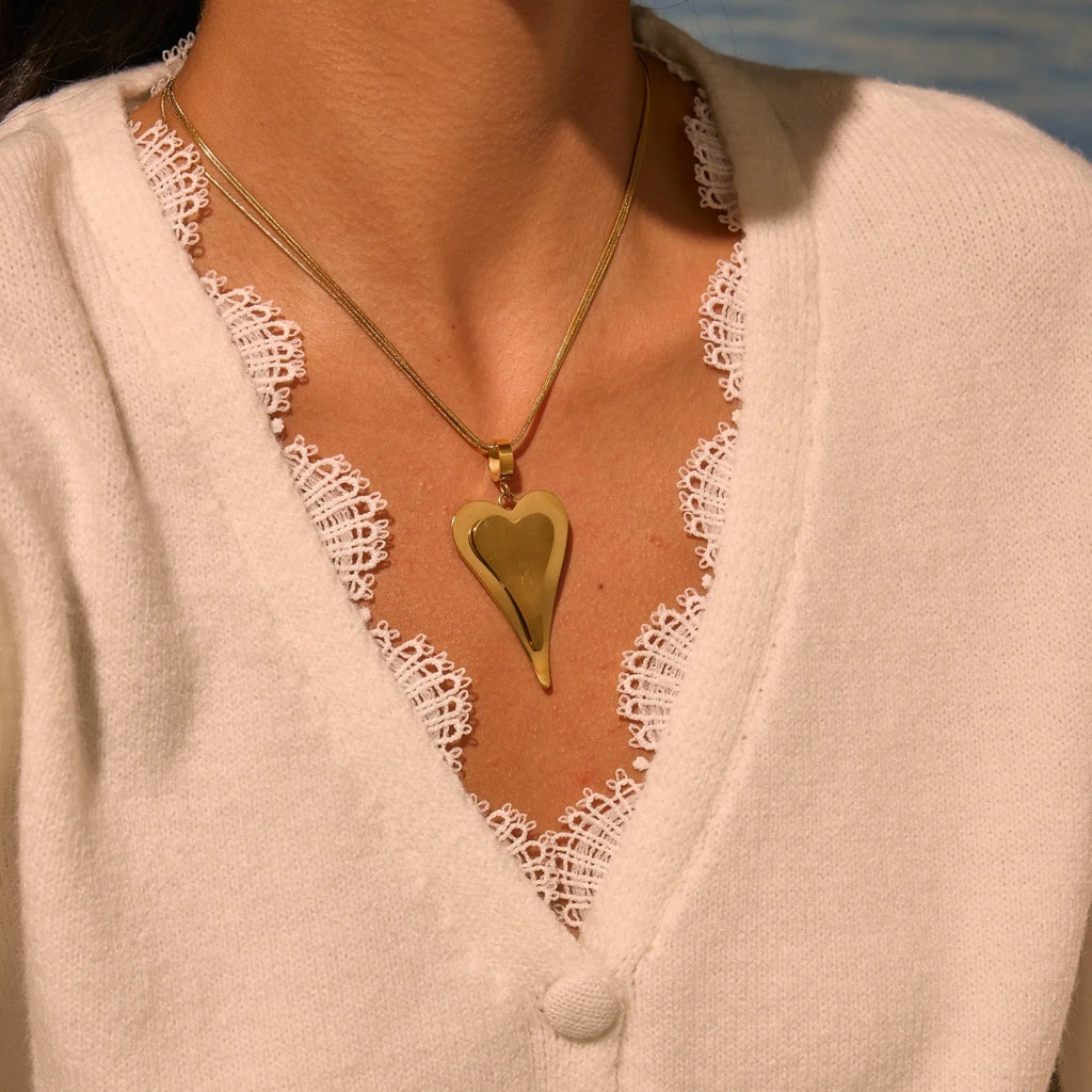 Double heart snake bones geometric pendant necklace in gold or steel finish on regular chain