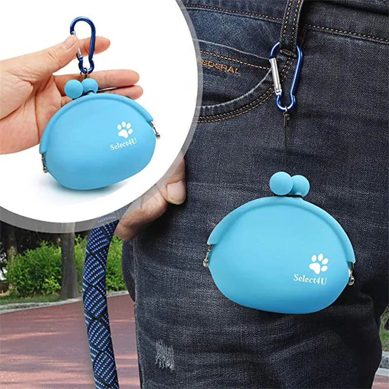 Yellow silicone dog training treat waist bag with hook-and-loop closure, shown with treats.