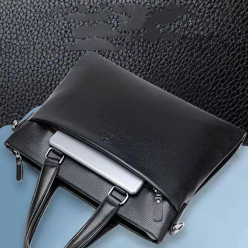 Men's black PU leather business messenger bag with spliced design shown from the side.