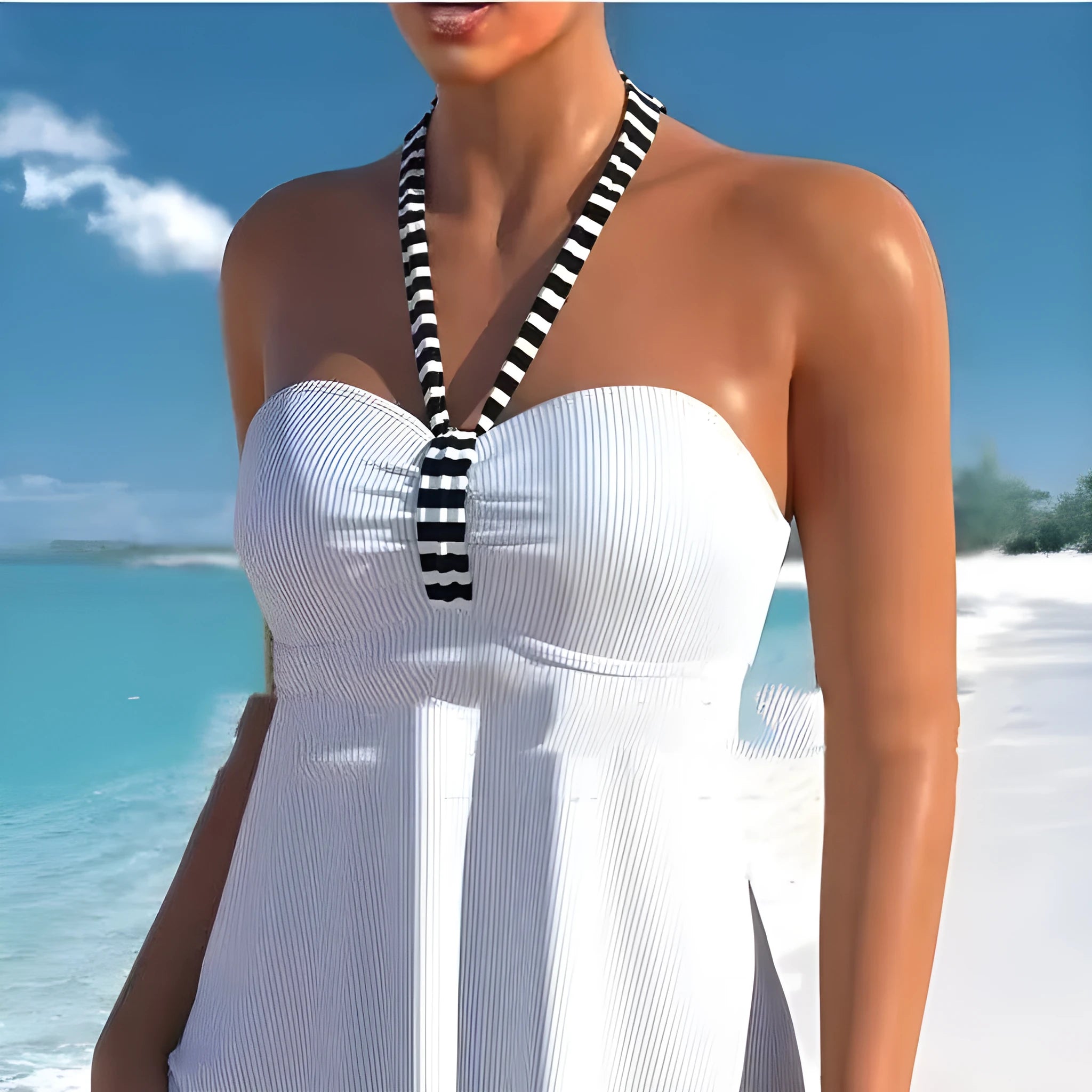Women's black and white striped off-shoulder swimsuit also available in solid green, blue, white colours