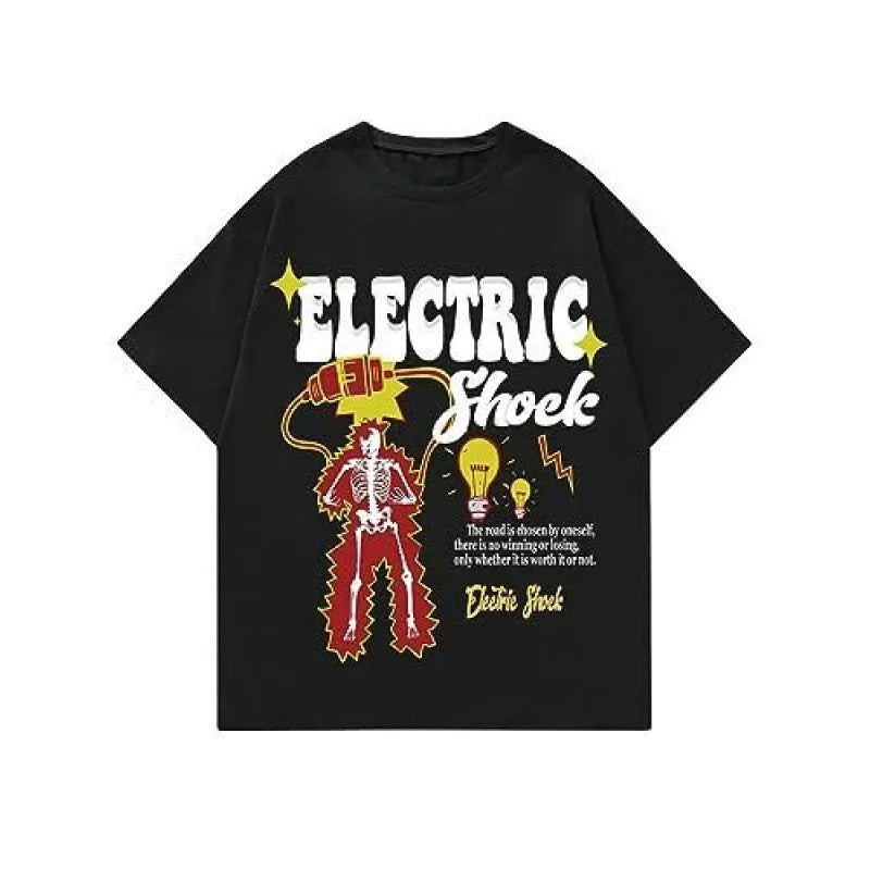 Short-sleeved men's printed street sports t-shirt on a hanger, showing digital print design.