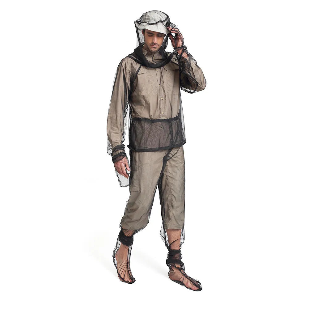 Lightweight mesh anti-mosquito suit set comprising a hooded jacket, trousers, and booties laid out flat.