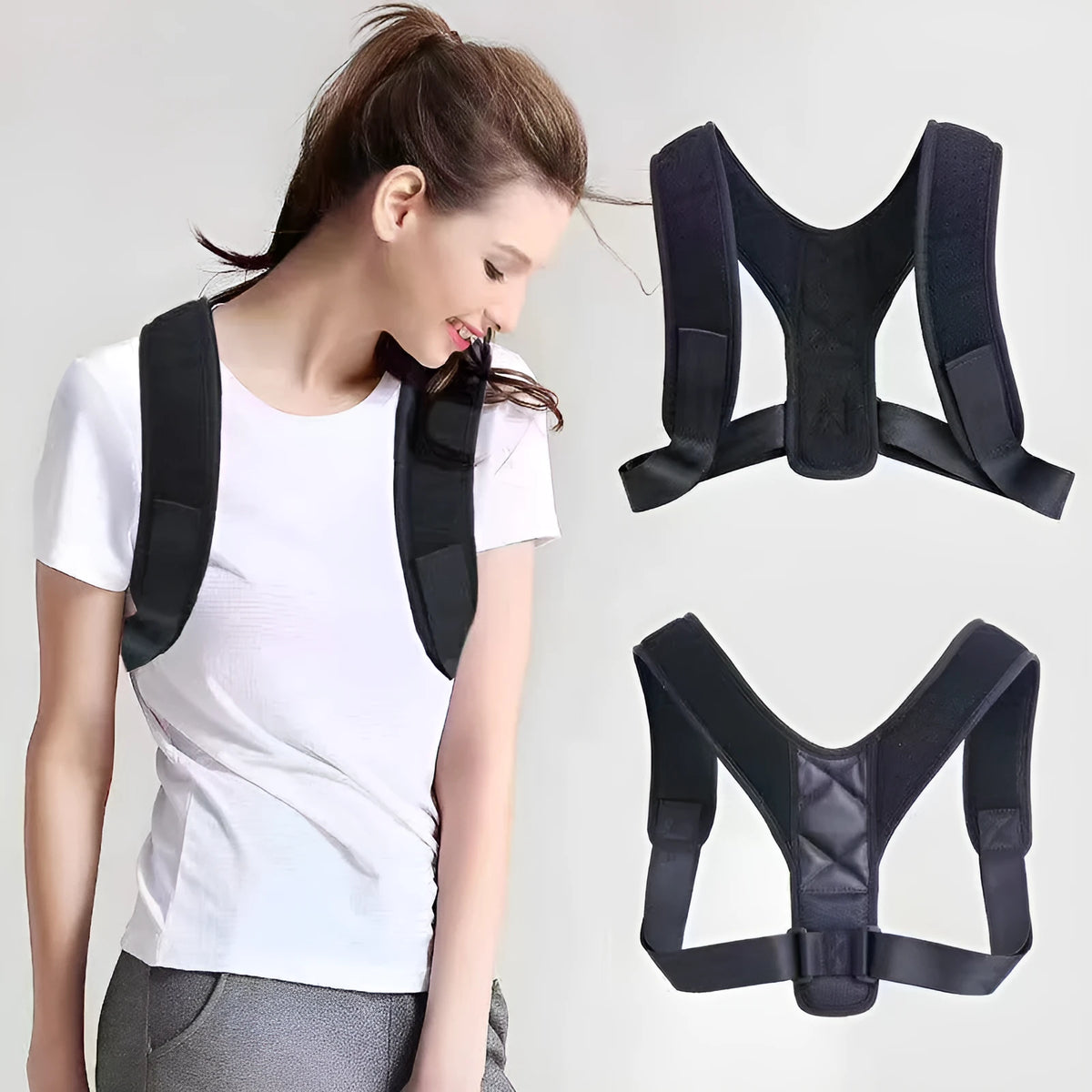 Babaka adjustable nylon posture correction band worn for upper back support.