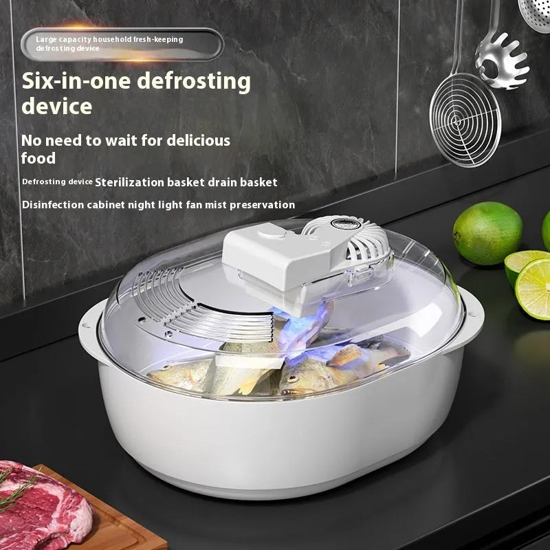 Modern aluminium quick defrosting plate for food with included USB cable on a kitchen counter