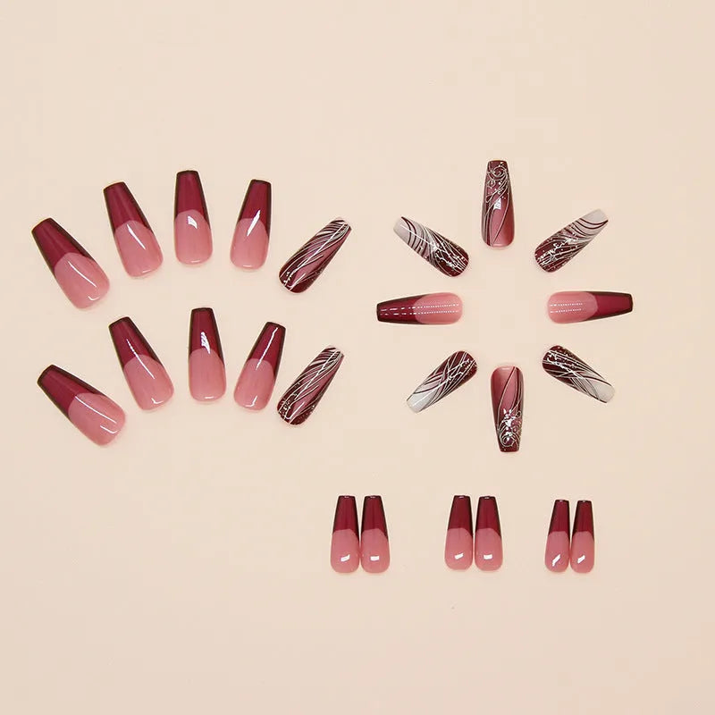 French line pattern false nails with W1620 colour on display, showing removable sticker patch design