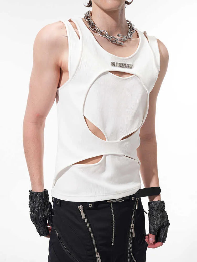 Men's loose fit sleeveless vest in black and white colours, showing round neck and pullover design