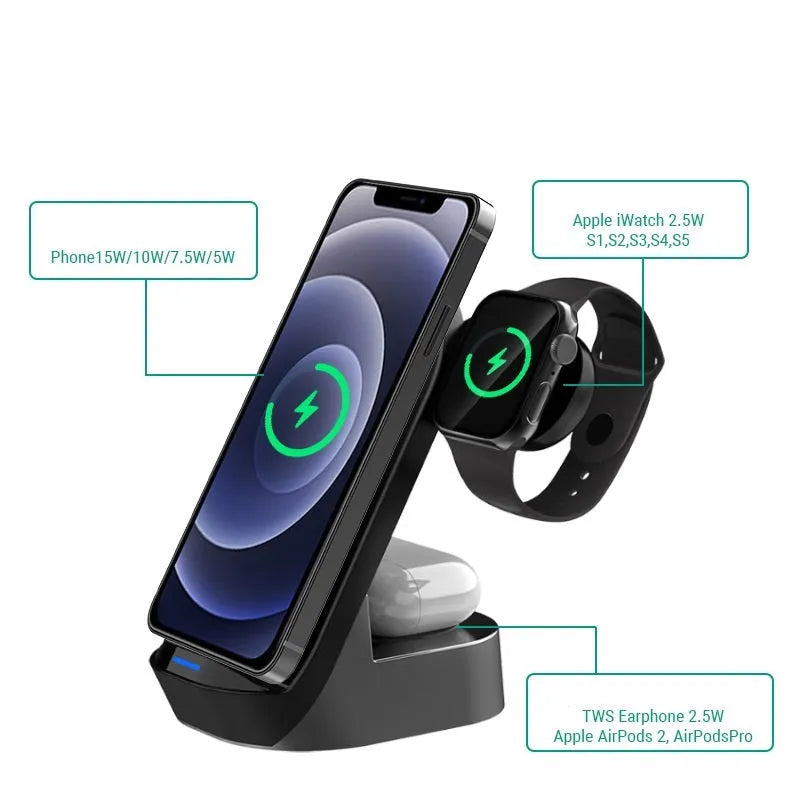 Black-grey foldable 3-in-1 wireless charging vertical stand for phones, watches and headphones