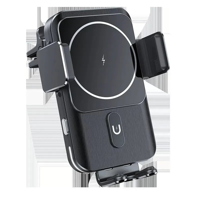 Black car wireless charger phone holder with 15W charging and vent clip or suction cup mount options